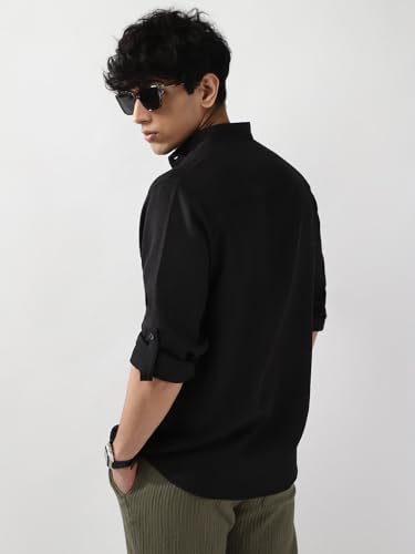 Image of Urbano Fashion Men's Linen Blend Full Sleeve Relaxed Fit Mandarin Collar Casual Solid Shirt