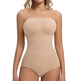 ONEW Strapless Bandeau Shapewear Bodysuit for Women Cami Bodysuit Top with Removable Spaghetti Straps Tummy Control Full Body Shaper Beige L