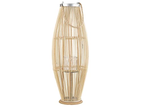 Bambusholz Deko Laterne Heller Holzfarbtone/ Natural Flechtoptik Windlicht mit Glaseinsatz Retro Gartenlaterne Kerzenhalter Kerzenständer 84 cm Tahiti Cover