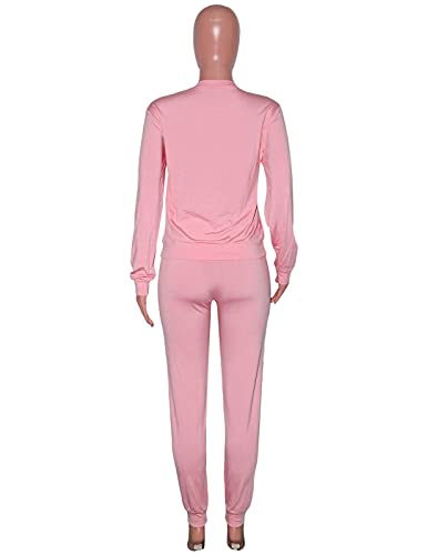 2 Piece Outfits for Women,Round Neck Long Sleeve Sweatshirt and Pants Set Tracksuit Pink L - Thumbnail 4