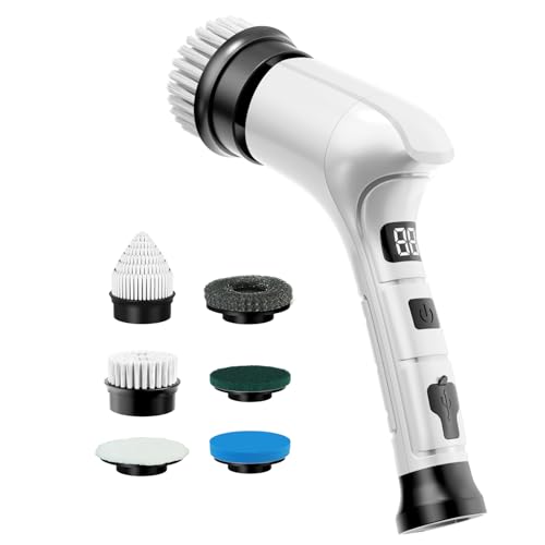 Electric Spin Scrubber, Cordless Household Cleaning Brush with 6 Replaceable Heads, 3 Speeds, LED Display, Lightweight Handheld Power Scrubber for Cleaning Stove/Bowl/Sink/Corner/Tile/Grout-White