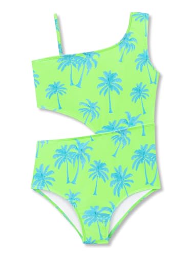 Image of Dvenki Big Girls Asymmetric Cutout Swimsuit Adjustable Straps Sizes 6X-16 | color block, leopard, tropical prints, front lined swimwear, removable pads, suitable for beach, vacation, pool play