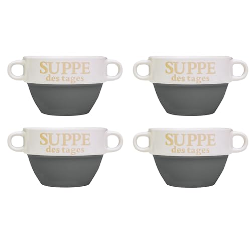 DRULINE 4x Set Suppentasse Grau aus Keramik Ø 13 cm mit Henkel –...