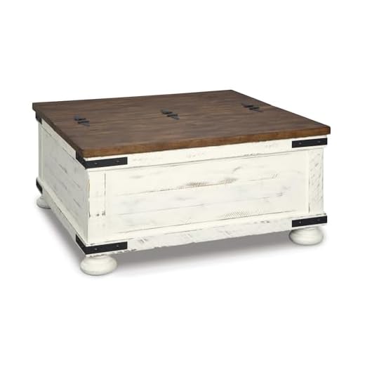 Signature Design by Ashley Wystfield Farmhouse Square Storage Coffee Table with Hinged Lift Top, Distressed White