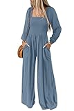 Happy Sailed Plus Size Casual Jumpsuits for Women Long Sleeve Sqaure Neck Smocked Womens Overalls Jumpers Wide Leg Long Pant Rompers Jumpsuit One Piece Outfits with Pockets Dusk Blue XL