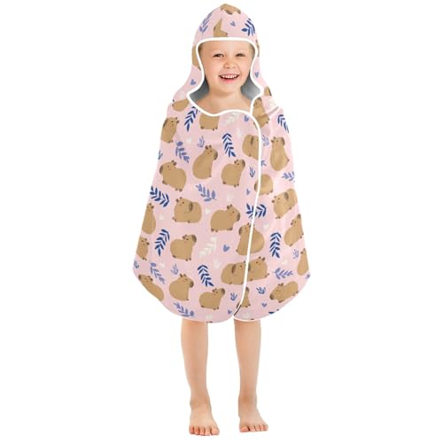 Image of Pink Cute Capybara Hooded Beach Towel for Kids, Kids Bath Hooded Towels for Boys Girls, Super Soft Absorbent Bathrobe with Hood for Swin Pool 50 inchx23.5 inch