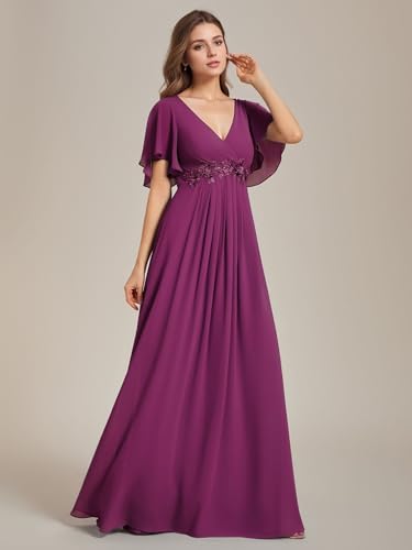 Image of Ever-Pretty Women's Spring Short Sleeve Bridesmaid Dresses V-Neck Chiffon Ruched Empire Waist Appliques Long Formal Dress