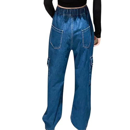 Denim Cargo Pants for Teen Girls High Waisted Streetwear Cargo Jeans Y2K Elastic Waist Jeans Straight Leg Denim Pants3