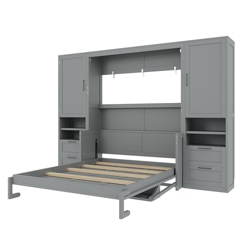 Image of Merax Queen Size Murphy Bed with Desk, Multifunctional Foldable Wall Bed with Closet, Drawers and Shelves, Space-Saving Wood Platform Bed Frame for Small Spaces Studio Study Office Guest Room, Gray