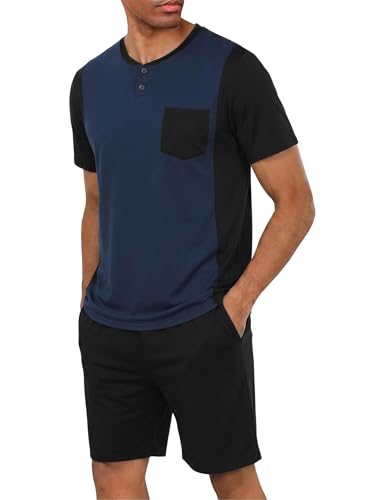 Image of Jahetuul Pyjamas for Men Short Sleeve Cotton Pjs Sets Contrast Colour Top