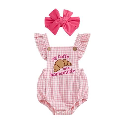 LZUBCPY My Rolls are Homemade Baby Girl Outfit Embroidery Romper Overalls Plaid Bodysuit Bow Cute Infant Baking Bread Clothes (Pink 0-3 Months)