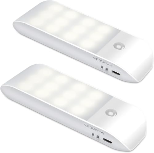 Luz Armario Recargable, [2 Piezas] Luz con Sensor de Movimiento, AUTO/ON/OFF, Luz Nocturna con Banda Magnética, Lámpara Nocturna para Armario, Pasillo, Escalera, Sótano, Cocina, Garaje, Blanca Cálida