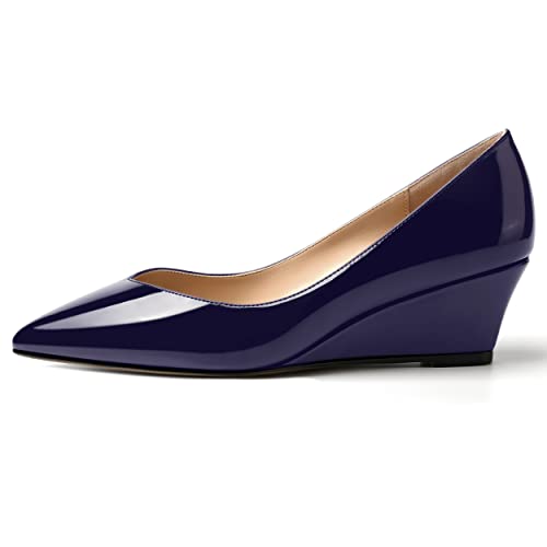 SHOWFOREST Women's Slip On Dating Patent Solid Pointed Toe Sexy Wedge Low Heel Pumps Shoes 2 Inch2