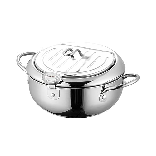Freidora de acero inoxidable 304 con boquilla de derivación, estante de alambre desmontable, mango frío, 20 cm/24 cm, plateado, compatible con estufas de gas, inducción, eléctricas