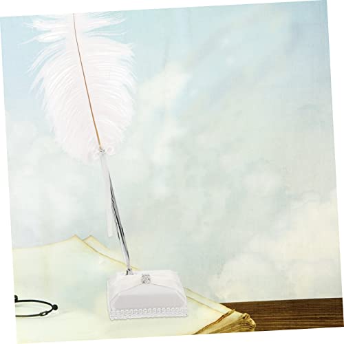 Stylo à plume d'autruche blanc et support satiné pour cadeau de fiançailles - 3