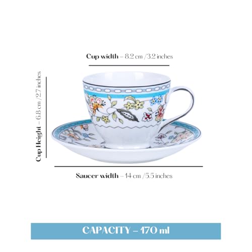 Image of GOLDEN QUEEN'S Cup & Saucer Set | Perfect for Hosting & for Tea /Coffee Lovers | Handcrafted in India, Inspired by Florals & Platinum on Rim | 6 Cups & 6 Saucers |170 ml - Blue Botanicals