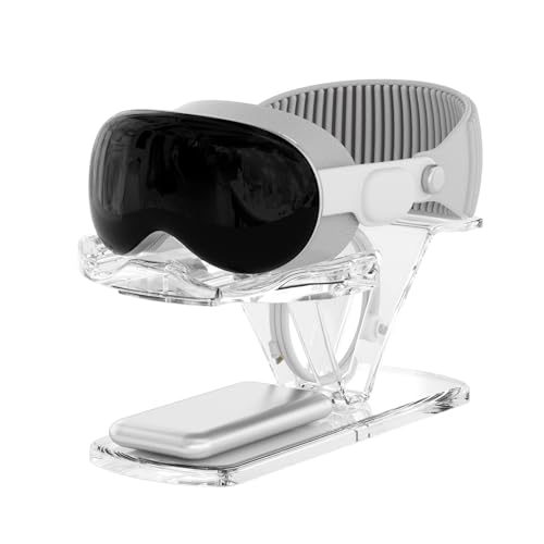 LINKEET Acrylic Stand Holder for Apple Vision Pro/Meta Oculus Quest 3/2, Clear Universal VR Headset Display Bracket, Weighted Base Station Enhance Stability, Storage for Accessories, Battery, Cable