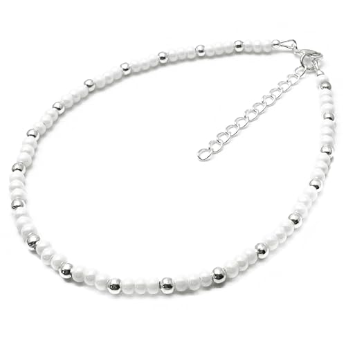 Plus Size White Glass Bead Anklet with Silver Beads, Handmade Cute Summer Boho Design : Large - XXL 11-13 inches, 4mm Shimmery Beads, Wide Fit Jewellery