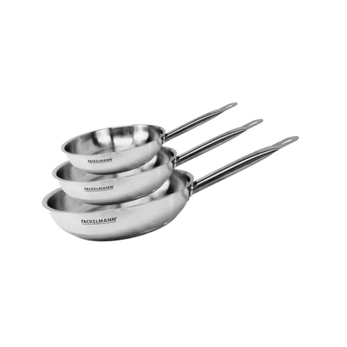 Fackelmann 9437650 Set de 3 poêles 20 24 et 28 cm en inox, Poêle de cuisson, Poêle tous feux, Poêle induction, Poêle sans PFAS, Manche inox, Manche riveté, Acier inoxydable 18/8, Inox, 20 24 et 28 cm