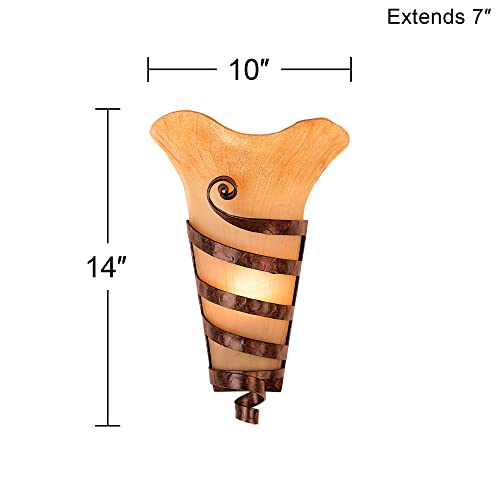 Image of Franklin Iron Works Solara Farmhouse Rustic Wall Light Sconces Set of 2 Rust Hardwired 10 inch Fixture Iron Ribbon Scavo Art Glass for Bedroom Bedside Bathroom Vanity Living Room Hallway Dining House