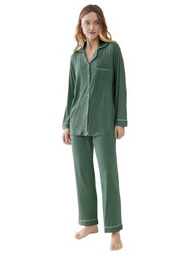 Image of Cherrydew Women Bamboo Viscose Cooling Long Sleeve Button Down Pajama Sets | Buttery Soft,Cooling Comfort,Breathable,Stretchy Fabric