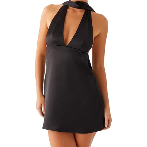 Damen Neckholder-Kleid mit Kragen, 2-teiliges Set, stilvoll, einfarbig/Blumendruck, tiefer V-Ausschnitt, ärmellos, Mini-Kleid in A-Linie, Schwarz , L