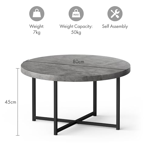 VonHaus Coffee Table for Living Room - Round Grey Concrete Look Living Room Table - Modern Style with Black Powder Coated Metal Legs - For Lounge with 80cm Diameter, Mosley