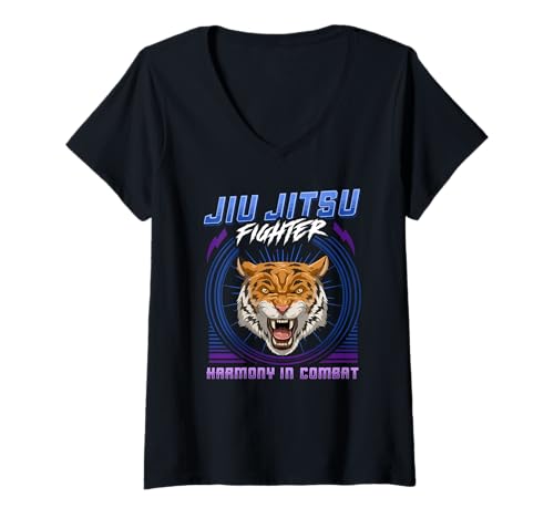Donna Jiu Jitsu Harmony In Combat - Grappling BJJ Tiger Head Maglietta con Collo a V