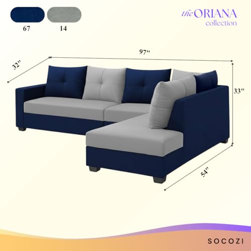 Image of SOCOZI Oriana 6 Seater RHS L Shape Sofa Set | Soft Velvet Suede Fabric | Modern Design | Plush Comfort Cushions for Living Room (Dark Blue-Light Grey)