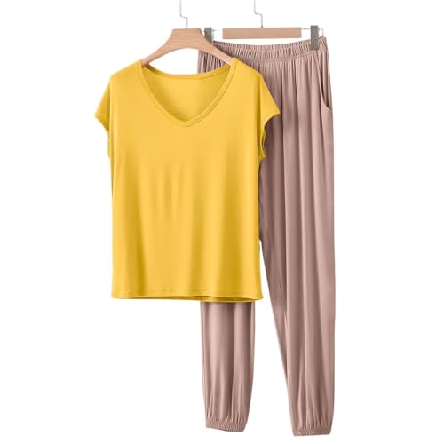 Image of HGps8w Women's Modal Soft Summer Pajamas Sets, Loose V Neck Short Sleeve Top Joggers Pants Matching 2 Piece Lounge Outfits