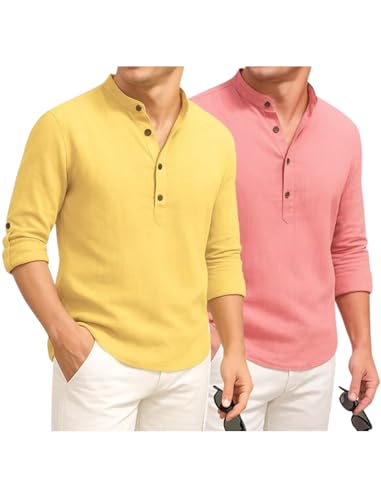 Image of DEEMOON Combo of Men's Cotton Blend Solid Regular Fit Full Sleeve Short Kurta | Men's Trendy Short Kurta Pack of 2 (Available in Plus Size & Combo Packs)