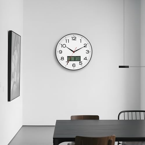 Image of AKCISOT Wall Clock 12 Inch, Non-Ticking Silent Battery Operated Analog with LCD Display for Perpetual Calendar and Temperature, Ideal Modern Decor for Home, Bedroom, Kitchen, Office (Black)