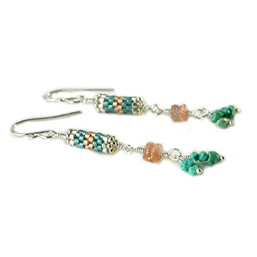 Handmade Genuine Turquoise Sunstone Natural Stone and Glass Seed Bead Beaded Dangle Drop Earrings - Sterling Silver Boho Vintage Style Gemstone Jewelry for Women