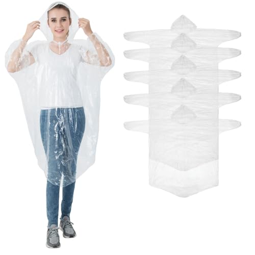 Igoera®️ chubasquero desechable, pack de 5 chubasqueros transparentes con capucha, poncho impermeable para festivales, conciertos y actividades al aire libre.