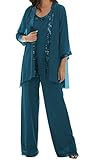 ZBYES 3 Pcs Wedding Pantsuits for Grandmother with Jacket Sequins Plus Size Cocktail Pant Suits for Women Wedding Guest with Long Sleeve US 16 Teal