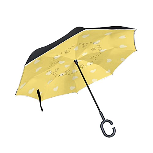 Parapluie inversé double couche blanc à motif cœur jaune pour femme