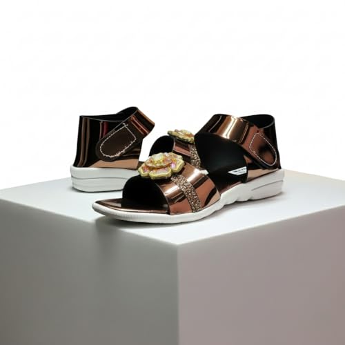 Image of 𝐓𝐫𝐞𝐧𝐝𝐒𝐭𝐚𝐭𝐢𝐨𝐧:-Girls Trendy Sandals with Holographic Floral Strap, Welcro Style, Sandals |