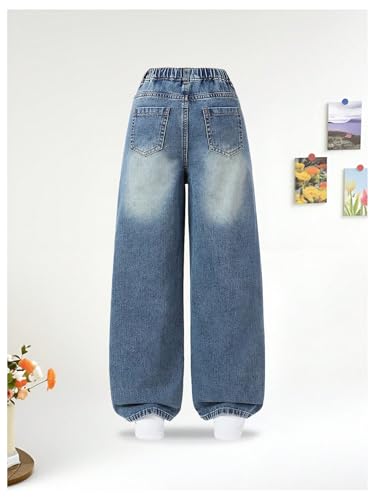 Verdusa Girl's Y2K Heart Bow Baggy Jeans Elastic Waist Wide Leg Denim Pants Streetwear2
