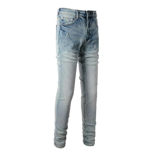 Jeans Pants Trousers Denim Men Stretch Slim Fit Light Blue Street Trendy Wear Worn Hole Washed Grinding Fading Retro Casual Small Foot(Blue,29)4