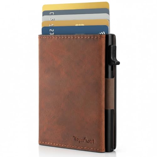 Image of TopMost Genuine Leather Pop Up Wallet for Men, Credit Card Holder, RFID Blocking Ridge Wallets for Men with ID Window, Slim, Minimalist, 5-9 Card Capacity & Cash Slot