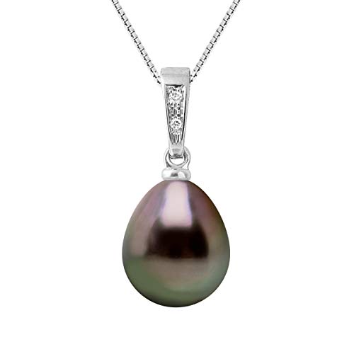 PEARLS & COLORS - Pendentif Diamant 0.010 Cts - Véritable Perle de Culture de Tahiti Poire 10-11 mm - Qualité A+ - Disponible Or Jaune et Or Blanc - Chaîne...