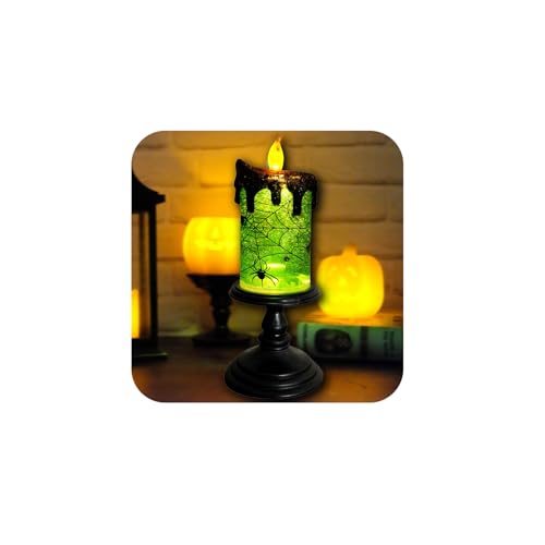 Halloween Snow Globe Candle Lamp – Battery Operated Flameless Candle with Spinning Water & Glitter, Lighted Tornado Effect Table Centerpiece for Indoor Halloween Decorations （Green