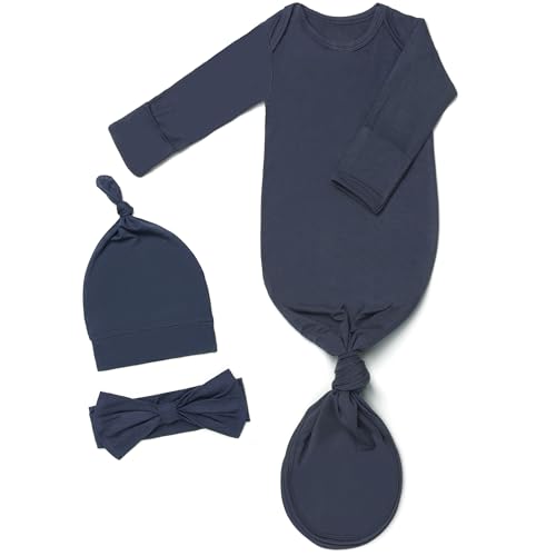 Noah Baby Soft Knotted Gown newborn 0-3 Months Breathable Infant Long Sleeve Sleepwear for Girl and Boy (Dark Blue Newborn)