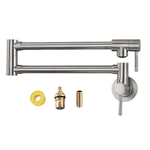 Kmeino Grifo de cocina plegable sin plomo de latón con brazo oscilante para fregadero Montaje en pared con dos asas, color negro níquel cepillado