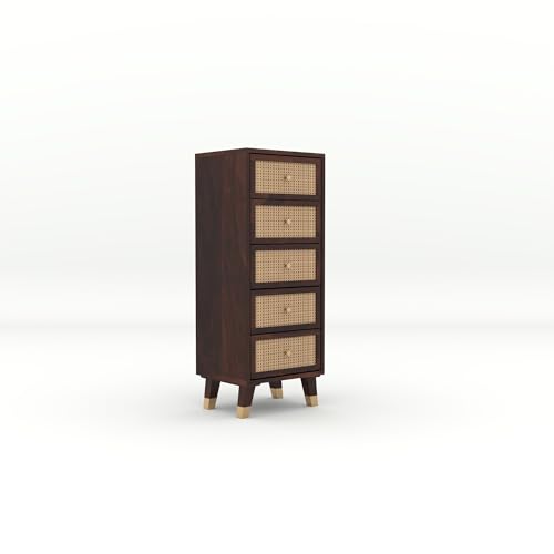 Image of Solid Sheesham Wood 5 Drawer Chest | Rosewood Chest of Drawers with Cane Front | Tall Storage Cabinet for Bedroom & Living Room (Walnut Finish)
