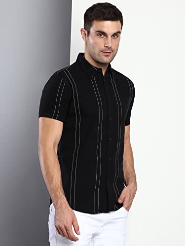 Image of Dennis Lingo Men's Striped Slim Fit Cotton Casual Shirt with Spread Collar & Half Sleeves