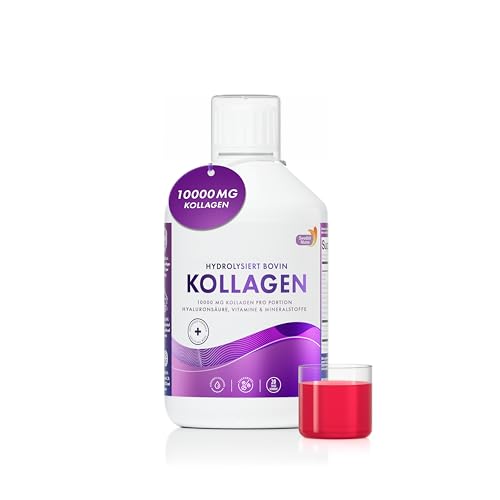 Flüssiges Kollagen 10.000 mg Zuckerfrei 500 ml | Reines hydrolysiertes Grasfutter-Kollagenpeptide (Typ I & III) | Hyaluronsäure, Biotin | Haut, Haare, Nägel | natürlicher Geschmack - 20-Tage-Vorrat