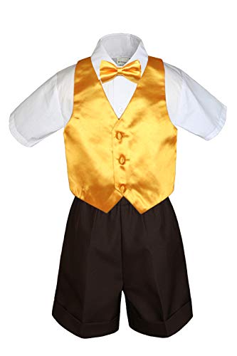 MILLTEX 4 Pieces Set Formal Party Wedding Color Satin Vest & Bow tie Shirt Brown Shorts Set New Born Baby Boy Toddler Sm-4T (SM (0-6 Months Old), Yellow)