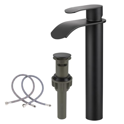 Vessel Sink Faucet Black for Bathroom：WOWOW Single Handle Tall Bathroom Faucet - Waterfall Single Hole Mixer Bar Tap with Large Rectangular Spout, Deck Mount Lavatory Vanity with Pop Up Drai