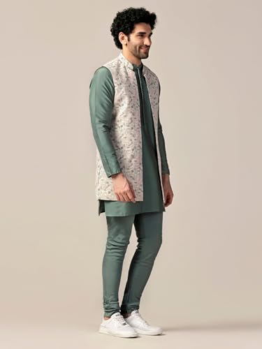 Image of KISAH Men's Kurta Jacket Churidar Set, Multi Cotton Blend, Printed Regular Fit Mandarin Collar Full Sleeves